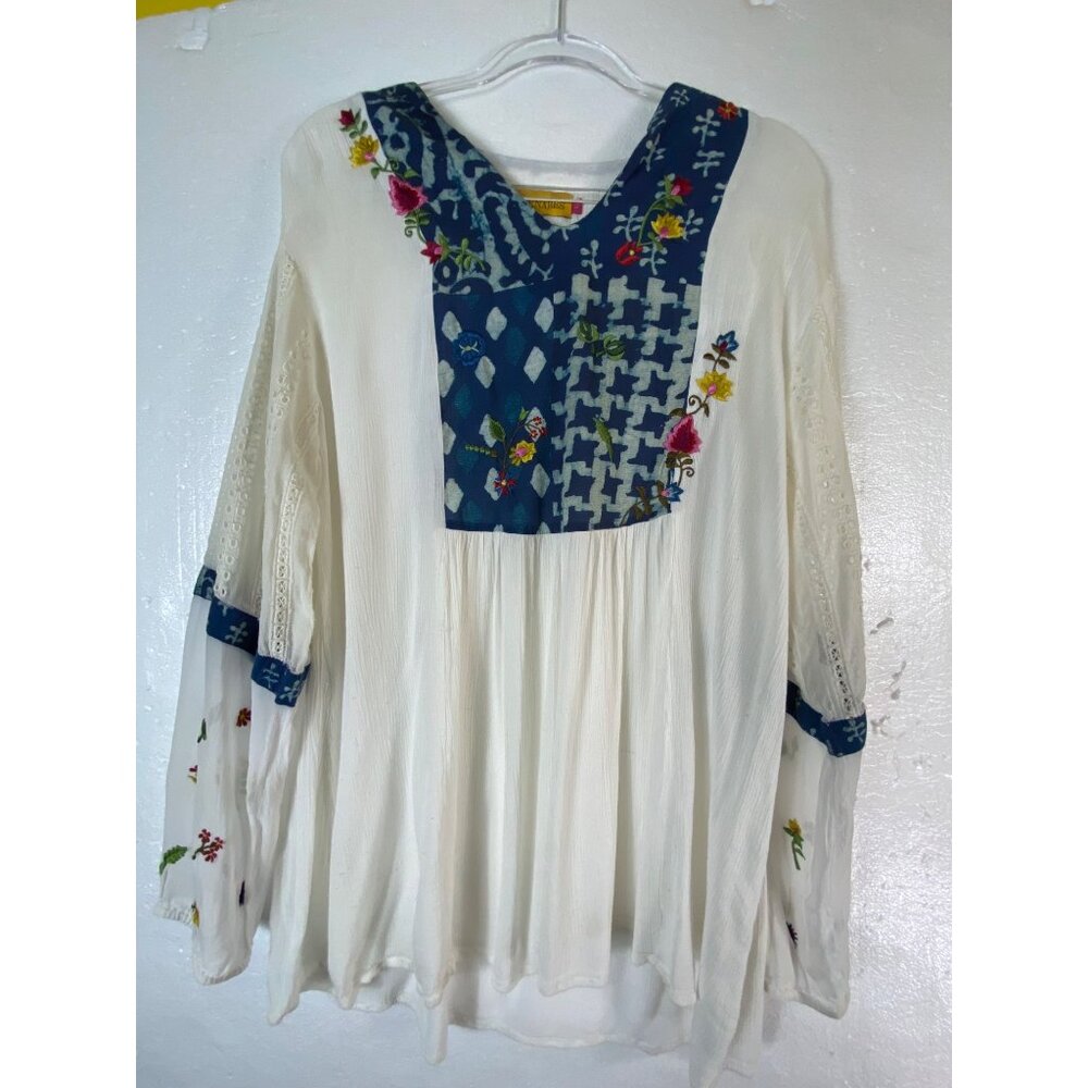 Embroidered White Large Boho Blouse Floral Accent Top Hippie Coastal Casual Cute